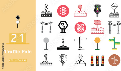 A set of twenty one traffic pole icons displaying diverse street sign designs on background