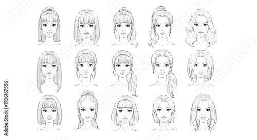 Variations of female hairstyles and facial expressions in monochromatic line