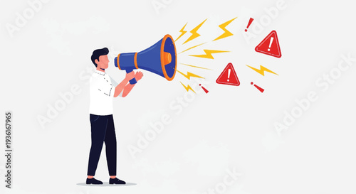 Alerting figure shouting through a loud, vibrant megaphone with warning symbols exploding around