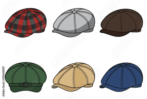 Collection of classic newsboy caps and flat ivy hats in various colors and patterns, vintage headwear style for men fashion accessories vector illustration