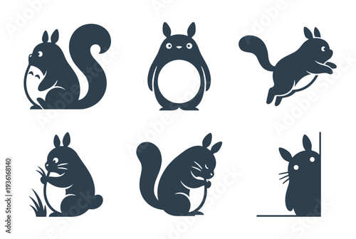 Cute forest creature character silhouettes in various activities including jumping hiding and eating for children storybook and mascot design
