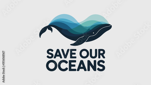 Save our oceans whale conservation vector illustration with blue gradient waves on light gray background