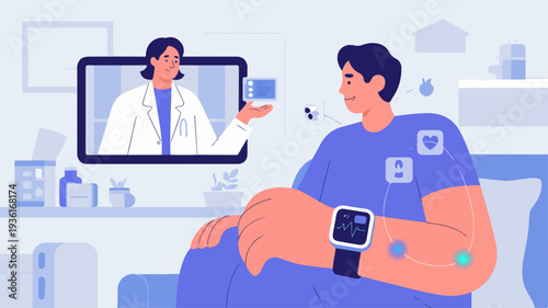 Telemedicine consultation online doctor patient at home with smartwatch virtual healthcare remote medical appointment blue color scheme modern medical technology ehealth digital