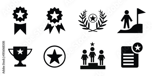Achievement award icon set. Trophy medal badge and success recognition symbols. Solid black vector icons.