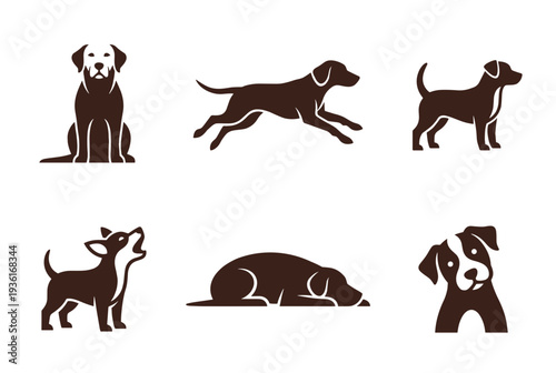 Dog poses and canine activities collection vector flat icon set of labradors and puppies sitting running barking sleeping and looking curious