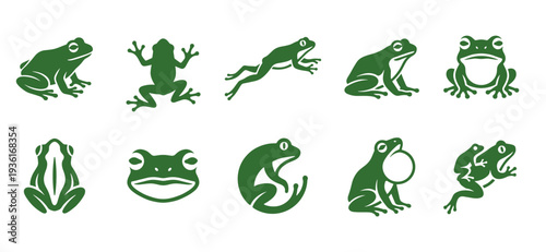 Set of green frog silhouettes in various poses including jumping sitting and swimming isolated on white background for nature wildlife and biology designs