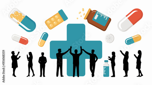 Healthcare and pharmacy social media graphic with people silhouettes and medical pills and capsules surrounding a large blue cross on white background