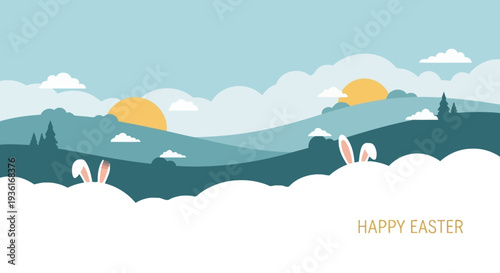 Easter celebration illustration with bunny ears peeking from clouds over rolling hills landscape