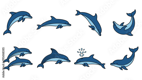 Dolphin jumping and swimming collection in blue ocean water isolated on white background for marine life sea animal shows and nature conservation projects