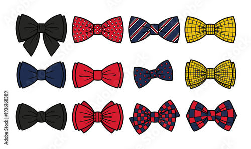 Elegant bow ties collection with various patterns including polka dots stripes and plaid isolated on white background for formal wear and fashion accessories