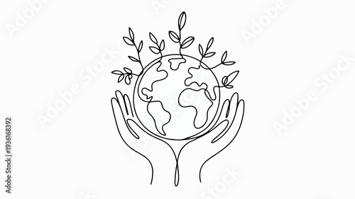 Earth in hands with leaves eco friendly symbol sustainability concept environmental protection minimalist line drawing