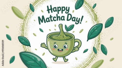 Whimsical cartoon matcha tea cup character celebrates happy matcha day with leaves on beige background