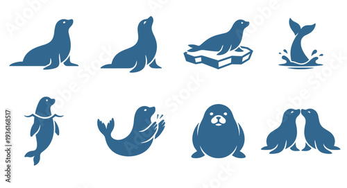 Blue seal and sea lion silhouettes collection featuring various poses like swimming resting on ice and playing for marine life and arctic nature themes