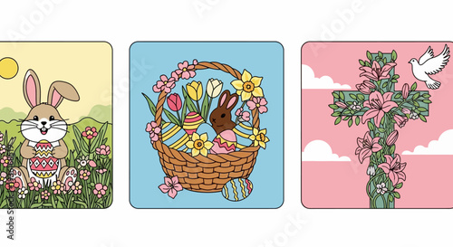 Easter celebration scene with rabbit, flowers, and basket in a serene outdoor setting from a frontal viewpoint