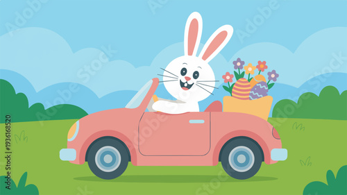 Cute easter bunny driving a pink convertible car with flowers on a sunny day in spring