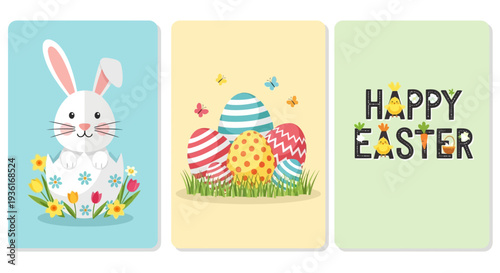 Easter celebration with rabbit and eggs in a spring garden scene from a frontal viewpoint