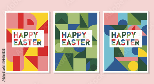 Vibrant Easter posters collection featuring geometric patterns and festive greetings in a collage of colorful illustrations