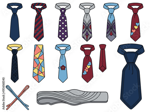 Professional necktie and fashion accessories collection including various patterns like polka dots and geometric shapes for business and formal wear