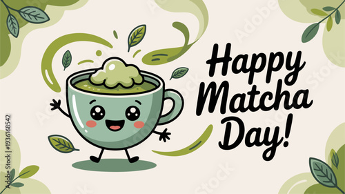 Cheerful cartoon matcha tea cup character celebrating happy matcha day with swirling leaves and joyful expression on beige background