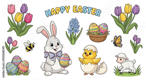 Celebrating Easter with a bunny, chick, lamb, and spring flowers in a vibrant Easter display