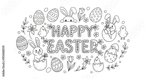 A festive Easter scene featuring bunnies, eggs, and flowers in a circular arrangement with a greeting message.
