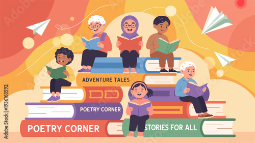 Diverse group of people reading books together in a cozy vibrant setting with paper airplanes flying around