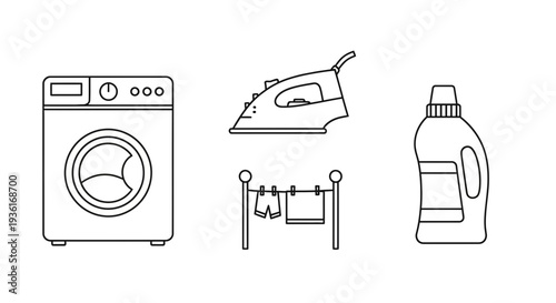 Laundry Icons: Washing Machine, Iron, Clothesline, Detergent Bottle - Cleanliness Concept