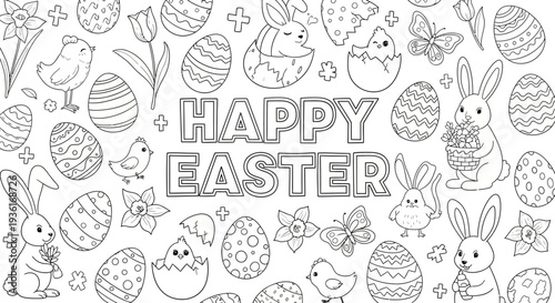 Easter-themed illustration featuring bunnies, eggs, and flowers in a festive arrangement
