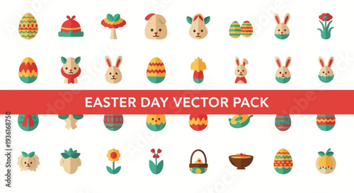 Easter-themed vector icons collection featuring eggs, bunnies, and flowers in various designs and colors