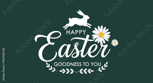 Easter celebration with rabbit and flowers illustration on green background from a front view