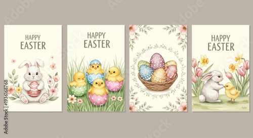 A set of Easter greeting cards featuring bunnies and chicks in floral settings, presented from a straightforward viewpoint.
