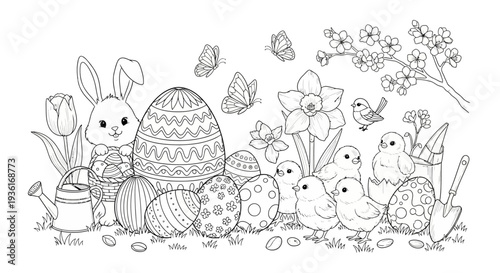 Easter bunny and chicks surrounded by decorated eggs and spring flowers in a vibrant illustration