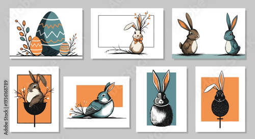 A collection of illustrated Easter-themed images featuring rabbits and eggs in various poses and designs on a white background from a direct viewpoint.