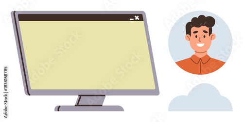 Online communication, cloud computing, digital identity, tech usability, user profiling, remote systems. Computer monitor alongside user avatar and cloud symbol. Online communication and cloud
