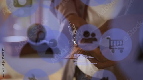 User holding clip tapping screen activating AR showing blue shopping icons floating code for retail