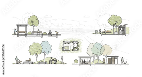 Architectural concept drawing of a park with seating, shelters, and people