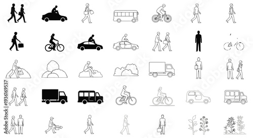 Diverse Collection of People and Transportation Silhouettes: Walking, Cycling, Driving, and Public Transit