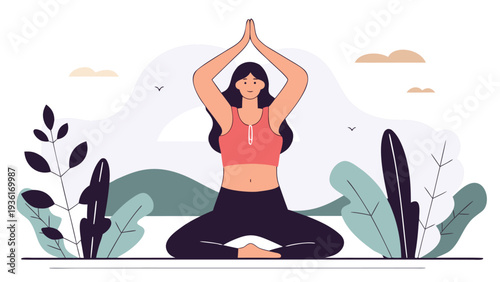 A woman in a coral sports top sits in a cross legged yoga position with her hands joined above her head in an outdoor park.