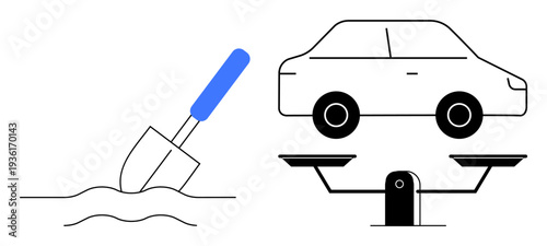 Construction, transportation, excavation, weight measurement, balance, automotive services. A digging shovel and a car on balance scales. Construction and transportation concepts