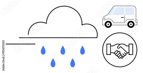Weather icons. Cloud and raindrops weather conditions. Accompanied by compact car and handshake icon, transportation options and partnerships. For apps, transportation, partnerships, climate, weather