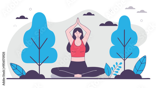 A woman sits with her eyes closed in a meditation pose beneath blue trees and dark clouds in a minimalist landscape setting.