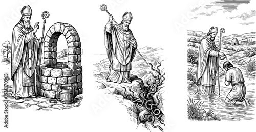 Saint Patrick Engravings: Blessing Holy Well, Driving Snakes, Baptizing in Vintage Style for Irish History Books, Christian Blogs, St. Patrick's Day Education, and Cultural Websites
