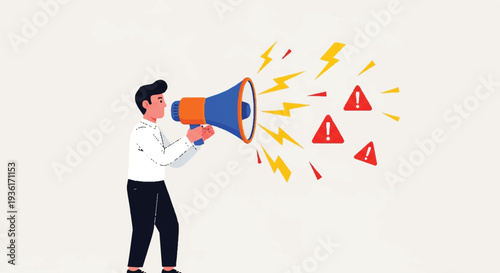 Alerting figure shouting through a loudspeaker with warning triangles exploding in vibrant colors megaphone