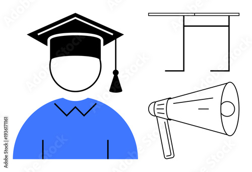 Education, learning, academic success, public speaking, communication, knowledge sharing. Icon of a graduate cap, desk and megaphone. Education and public speaking concept
