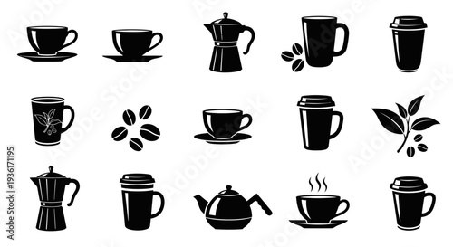 Coffee and Tea Icons: Cups, Mugs, Teapots, Beans, and To-Go Cups - Black and White Silhouettes