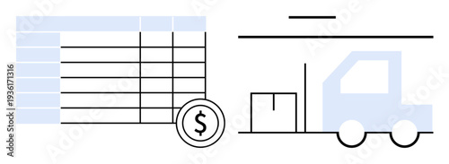 E-commerce, supply chain management, financial planning, shipping logistics, data analysis, budgeting. Spreadsheet, truck and dollar symbol visualizing business and logistics. E-commerce