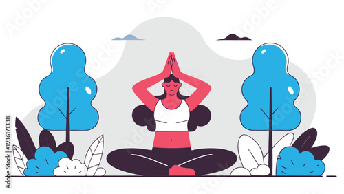 A woman in a white top performs a seated yoga stretch with her hands pressed together between two blue trees in an outdoor environment.