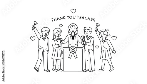 Teacher icon illustration of students thanking their educator with flowers