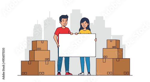 Two individuals holding a sign among numerous brown cardboard boxes in an urban skyline background