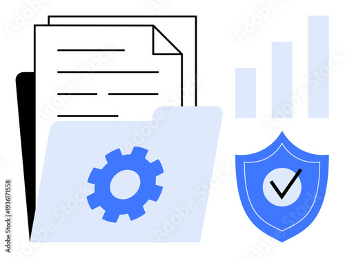 Data protection. Data protection visuals including shield, folder, and documents secure storage and file management. Data protection supports cybersecurity, cloud systems, and digital backup